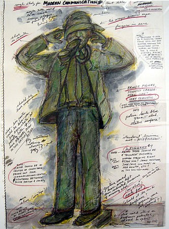 Terry Allen, Study for 'Modern Communication', 1993
mixed media on paper, 21 x 15 in. (53.3 x 38.1 cm)
full length figure with tie over eyes and shoe in mouth
TAL-045