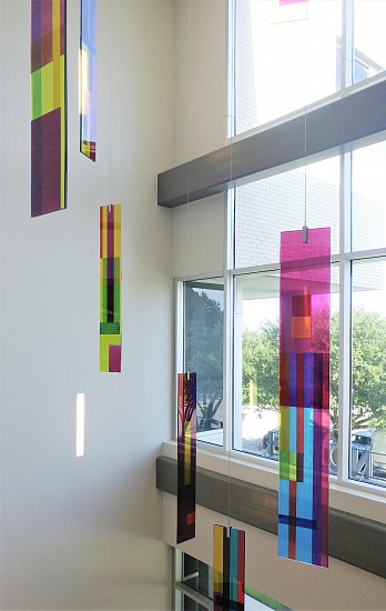 Margo Sawyer, Synchronicity of Color: Victoria, University of Houston, Victoria, TX, 2018
Hand painted stained glass on float glass, stainless steel, stainless steel cable, 72 x 11 x 1 in.
MSA-104