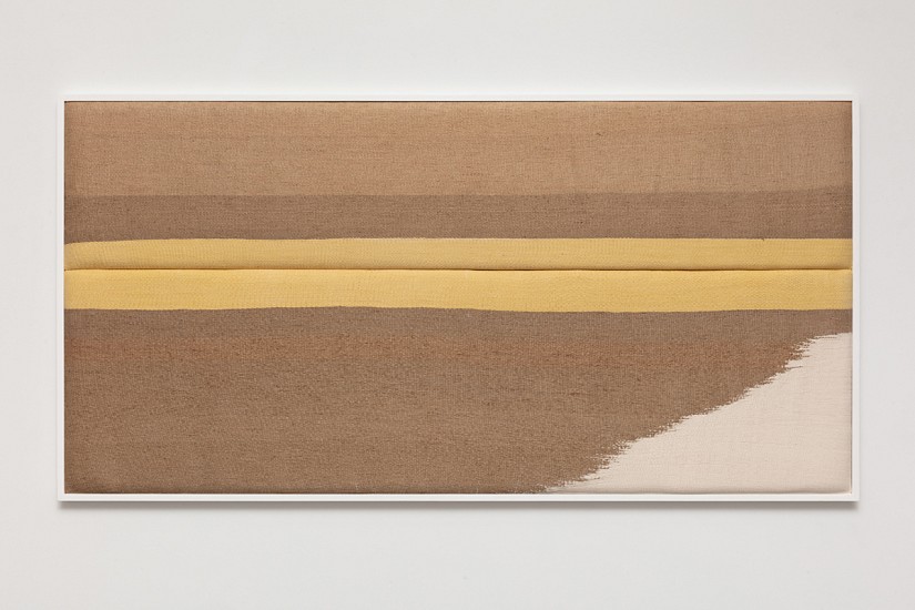 Ana Esteve Llorens, Untitled (P.O.L. with Long Horizontal and Yellow), 2022
 natural cotton, jute, hemp, zacatlaxcalli dye, foam, poplar wood, acrylic paint, wax, 47 1/2 x 93 3/4 x 2 1/2 in.
AEL-011