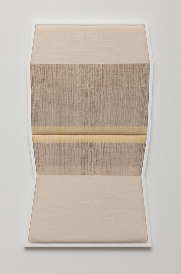 Ana Esteve Llorens, Untitled (P.O.L. with Horizontals and Yellow), 2022
 natural cotton, jute, hemp, zacatlaxcalli dye, foam, poplar wood, acrylic paint, wax, 56 x 32 x 2 1/2 in.
AEL-006