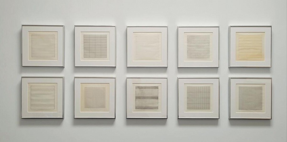 Agnes Martin, Paintings and Drawings 1974-1990, 1991
10 lithographs in colors on firm transparency paper with full margins, 11 3/4 x 11 3/4 in.
AMA-005